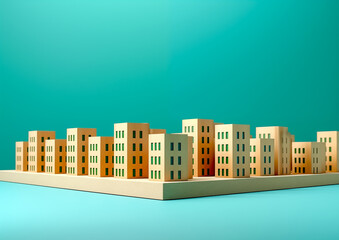 Model of city district with apartment houses on green background. Construction and real estate banner.