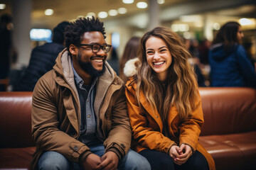 Young two friends Caucasian woman and African man sits in waiting room