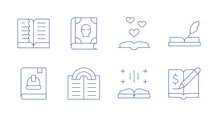 Book icons. Editable stroke. Containing book, spell book, book of fairy tales, open book, writing.