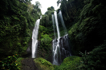 View of jungle waterfall cascade in tropical rainforest