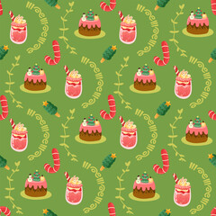 Christmas and Happy New Year seamless pattern with Christmas toys, gifts and sweets. Trendy retro style. 