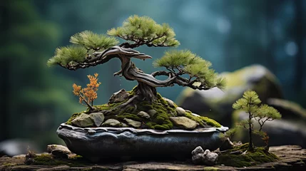 Poster Crooked Japanese pine Bonsai growing on stones. . Generative AI © Vadym Hunko