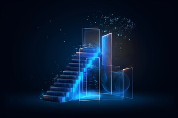 Online education concept in digital futuristic style. Ladder leading to the book, the concept of development and levels in e-learning.  illustration on a dark night, Generative AI - obrazy, fototapety, plakaty