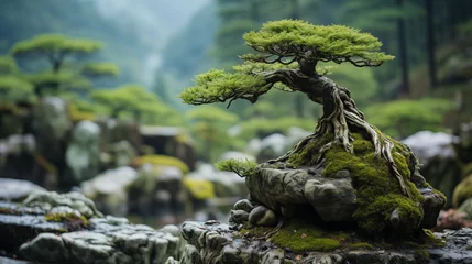 Rolgordijnen Crooked Japanese pine Bonsai growing on stones. . Generative AI © Vadym Hunko