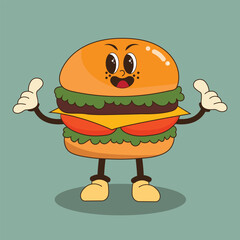 Burger. Groovy fast food character in retro style. Street food design. Vector vintage illustration. Nostalgia for the 70s, 80s, 90s. Trendy retro psychedelic style. Y2k aesthetic.