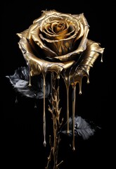 A Shimmering Golden Rose Reflecting Droplets of Water