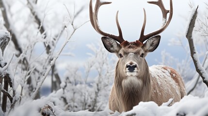 Reindeer in a wintry landscape with falling snow.