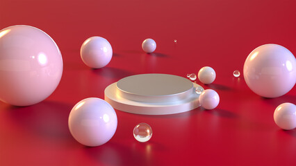 3D rendered illustration. red minimal scene,podiumfor cosmetic product presentation.Abstract minimalistic scene with geometric forms.podium on purple background with shadows.Cylinder abstract minimal3