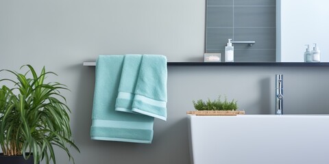 Fototapeta na wymiar Bathroom with a towel rack holding a single towel.