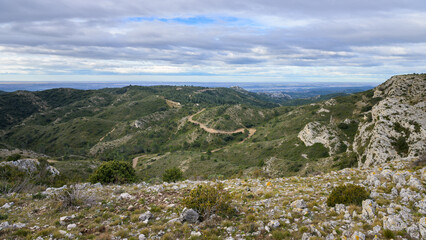Rocky landscape in the Alpilles on a sunny day