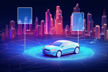 locations in the city in a digital futuristic polygonal style. Concept for car rental or carsharing or car parking.  illustration with light, Generative AI
