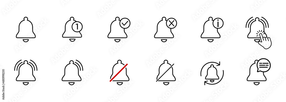 Poster notified bells linear icons set. reminder or alarm message with or without sound. smartphone interfa