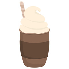 Coffee drink to go with whipped cream and cocktail straw isolated on white background
