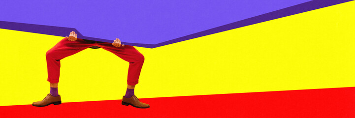 Male legs over colorful background. Banner for advertisement. Contemporary art collage. Concept of surrealism, pop art style, creativity. Empty space to insert your space. Complementary colors.