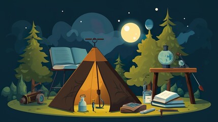Illustration of Science Camp forest and mountains on night stargazing