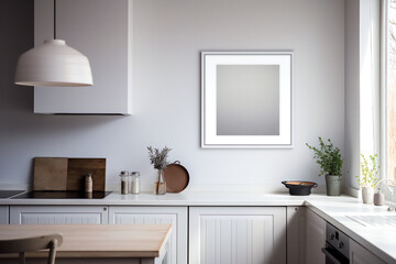 Minimalist scandinavian kitchen with modern white furniture, wooden table, floral decor and empty frame with mock up on the wall. Copy space