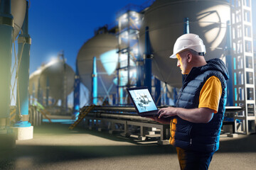 Fototapeta na wymiar Man technologist at enterprise. Technologist guy with laptop. Specialist near gas storage. Spherical tanks for storing liquefied gas. Man technologist controls ASME enterprise. Factory at night