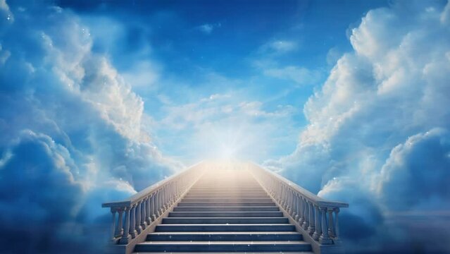 Stairway leading to a door in the sky, surrounded by cloud. Looping video.