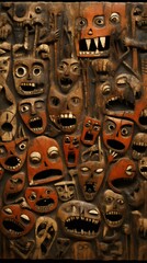 Assortment of Traditional Wooden Masks with Expressive Faces