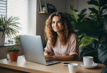 A gorgeous woman sitting at her desk with laptop direct look at camera, remote worker, minimalist apartment interior - obrazy, fototapety, plakaty