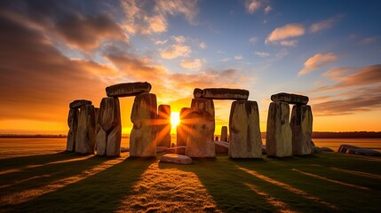Stonehenge at sunset made with Ai generative technology, property is fictional - obrazy, fototapety, plakaty