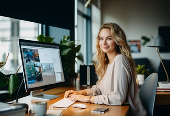 A gorgeous blonde woman sitting at her desk with computer monitor direct look at camera, remote worker, minimalist apartment interior