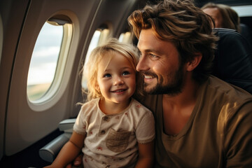 Caucasian family of father and cute little daughter sits in an airplane seats