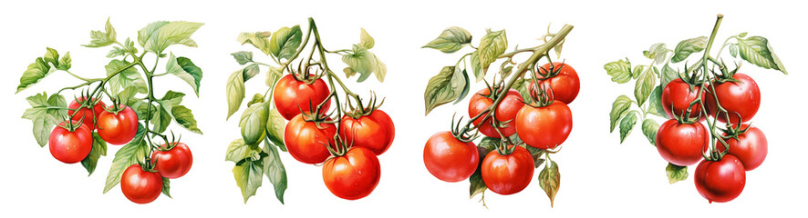Red tomatoes set watercolour isolated on transparent background.  - obrazy, fototapety, plakaty