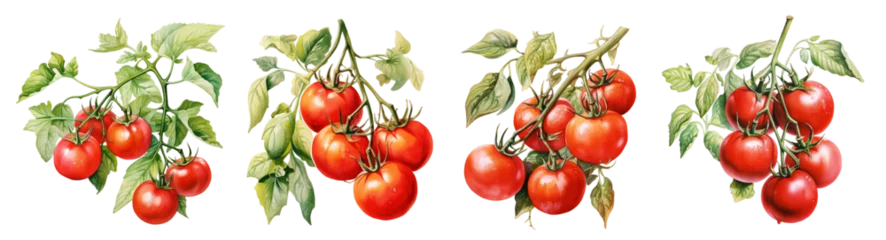 Fotobehang Red tomatoes set watercolour isolated on transparent background.  © Vika art