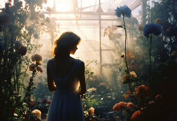 Back side shot back silhouette of  a woman standing in greenhouse, flowers foreground sun beams shining overexposure, vibrant, pastel, mist, light-pink and light-yellow and dark-blue  - obrazy, fototapety, plakaty