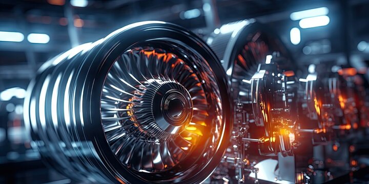 Futuristic factory producing modern jet engines with rotating turbines.