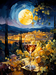 A Glass Of Wine On A Table With A City In The Background - White wine on background of evening vineyard