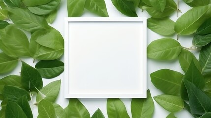 A frame of tropical leaves around a white empty space. Layout of a frame made of tropical elements for your creativity