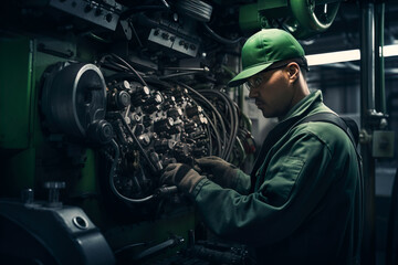 Generative AI illustration of technician in a green cap and uniform works on intricate machinery parts in the engine room of a cargo ship - obrazy, fototapety, plakaty