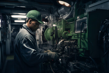 Generative AI illustration of technician in a green cap and uniform works on intricate machinery parts in the engine room of a cargo ship