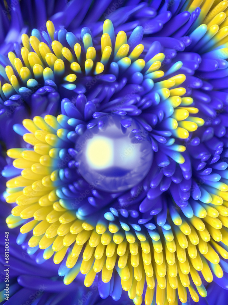 Poster composition with a metal ball on a multi-colored surface and a yellow spiral pattern. 3d rendering d