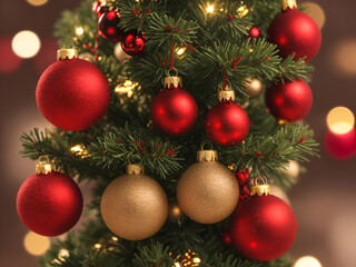 Bolas de navidad colgadas de un abeto. Vista de frente y de cerca. IA Generativa
