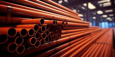 Industrial warehouse storing an array of steel pipes. - obrazy, fototapety, plakaty