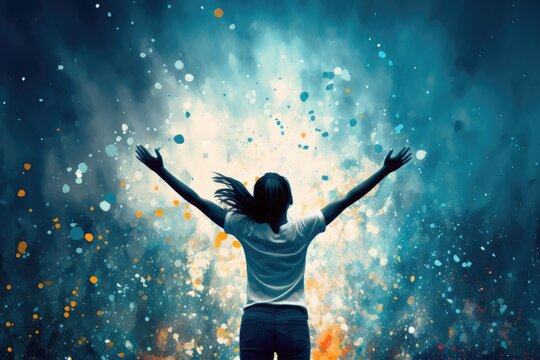 The Joyful Embrace of Freedom: A Woman's Liberation in a Vibrant Blue Setting