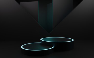Podium in dark room, neon light. Abstract scene background. Product presentation, mock up, show cosmetic product, Podium, stage pedestal or platform.