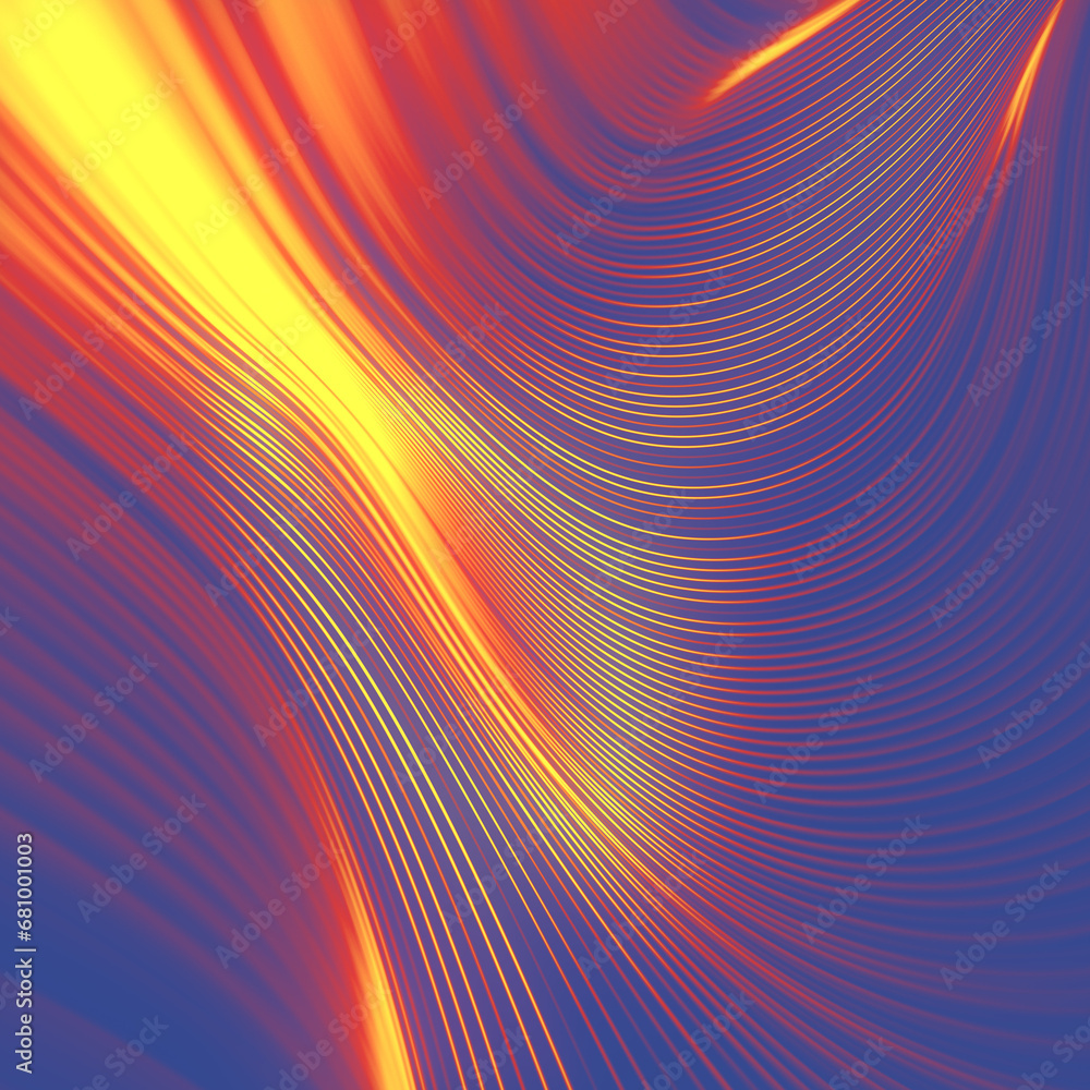 Poster Bright and dynamic wavy digital illustration of multicolored lines. 3d rendering