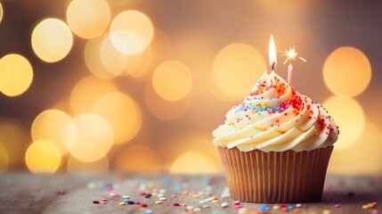 Birthday cupcake with a candle on a bokeh background
