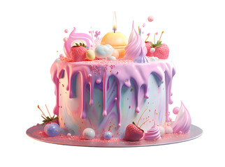 Birthday cake with candles in pink and blue pastel colors  isolated on transparent background