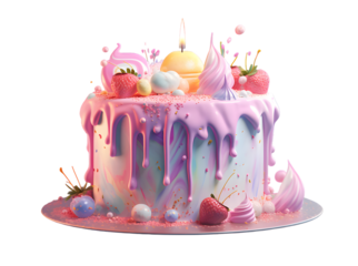 Birthday cake with candles in pink and blue pastel colors  isolated on transparent background
