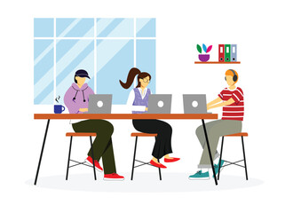 young people man and woman working on laptop at coworking space concept flat illustration