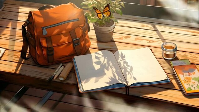 Back to campus, bag and stationery on the table on morning scene. 4k resolution loop animation