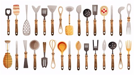 Kitchenware set. Kitchen utensils, tools, equipment and cutlery for cooking. Cook appliances and accessories collection. Flat illustrations cookware objects isolated on white background - obrazy, fototapety, plakaty
