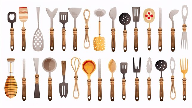 Kitchenware set. Kitchen utensils, tools, equipment and cutlery for cooking. Cook appliances and accessories collection. Flat illustrations cookware objects isolated on white background