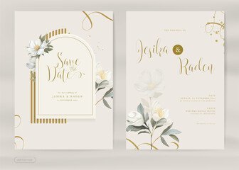 Aesthetic Wedding Invitation Template with White Flower Watercolor
