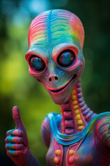 colorful alien doing thumbs up sign smiling to camera, selfie outside - obrazy, fototapety, plakaty